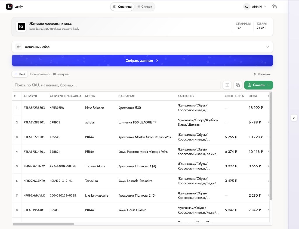 Панель Lamly на lamoda.ru: сбор категории, таблица SKU, цены и экспорт в Excel